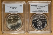 1992 Unc & Proof Columbus Commemorative Silver Dollars PCGS MS69 & PR69DCAM