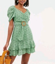 Asos Design Green Floral 10 Wooden Buckle Belt Dress Summer Casual Short Sleeves