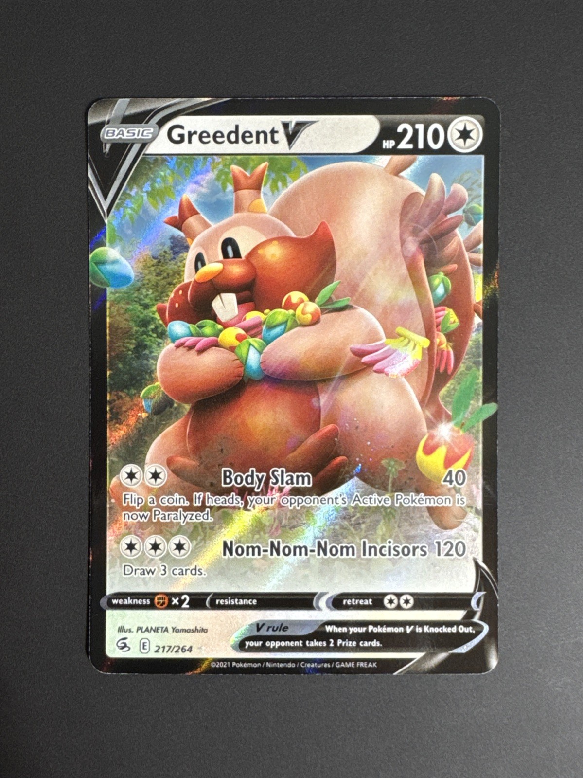 2021 Pokemon Greedent V 217/264 Fusion Strike Sword & Shield ULTRA RARE Card NM