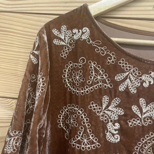 J Jill Velvet Shirt 2X Ochre Brown Embroidered Tunic Blouse Bells Sleeve B126 - Picture 3 of 11