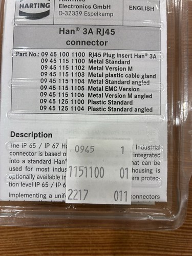 Harting 09451151100 Han 3A Ethernet RJ45 IP67 Connector Plug - NEW - Picture 2 of 3