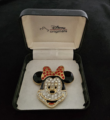 Vtg Disney Originals Rhinestone Enamel Gold Tone Minnie Mouse Brooch Orig Box
