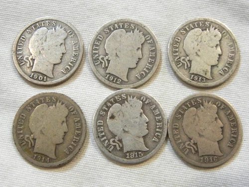 barber silver dime US coin collection lot of 6