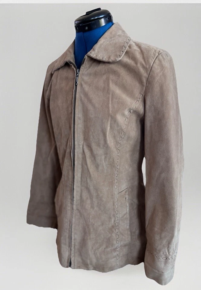 Vintage 90s Y2K Style Adler Collection Tan Leather Suede Zip Up Stitch Jacket S - Image 4 of 4