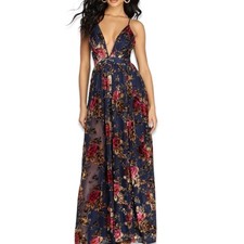 Windsor Justina Floral Velvet Burnout Chiffon Maxi Dress Blue Dark Romance New
