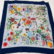 GUCCI Flora Silk Scarf Blue 81cm x 83cm