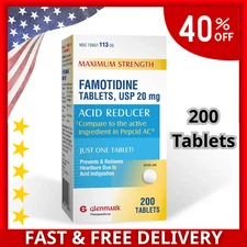 Glenmark Maximum Strength Famotidine Tablets, 20 mg, Acid Reducer for Heartburn.