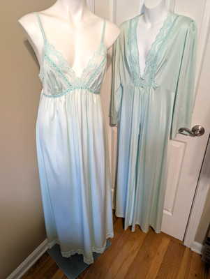 Vtg Shadowline Women's L/S Long Robe /Sleeveless Nightgown Mint Green Sz M-USA