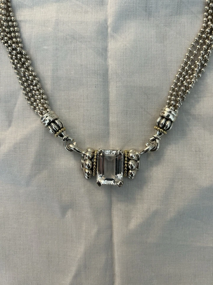 复古 LAGOS 鱼子酱 SS/18k 白色黄玉 6股项链带可拆卸吊坠 — 第 2/4 张图片