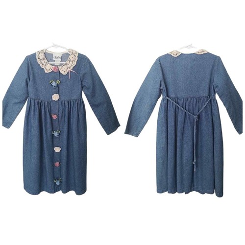 VTG Jo Lene Boho Prairie Girls Blue Dress Ribbon Buttons Crochet Lace Collar 6X - Picture 11 of 12