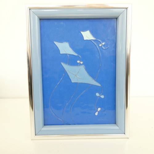 Flo Sanders Enamel on Copper Kites Blue Sky Framed Art MCM Signed Vintage - Picture 2 of 9