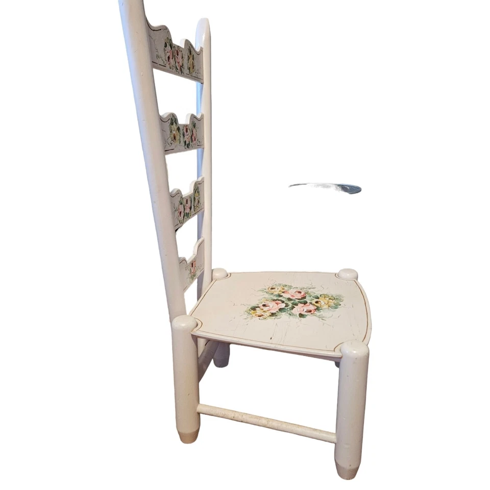 Silla rosa floral pintada a mano vintage para niños niñas firmada por Artist Post años 60 Foto 3 de 4