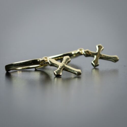 Yellow Gold Plated Mens Cross Solid Drop Dangle Huggie Hoop Earrings - Picture 2 of 4