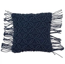 French Connection Avery Woven Macramé Tassel Fringe Decorative Throw Pillow Navy