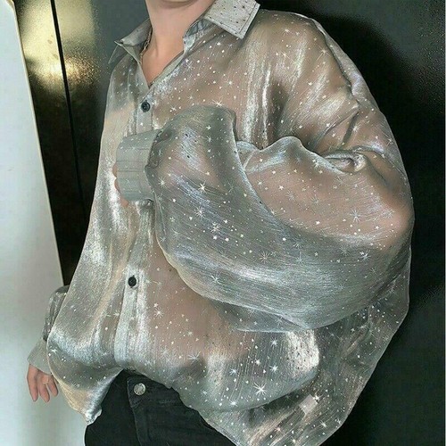 Men's Sheer Baggy Shirt Top Star Punk Casual Club Puff Sleeve Retro Fashion - Afbeelding 9 van 12