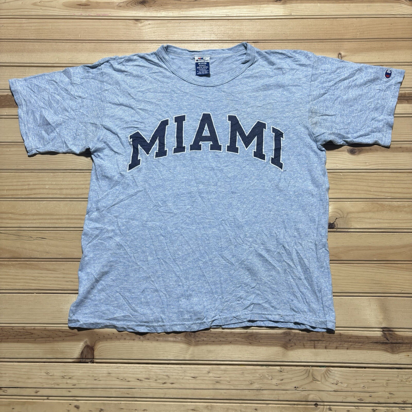Vintage 90s Champion Miami College Spellout Shirt Size Medium Made In USA