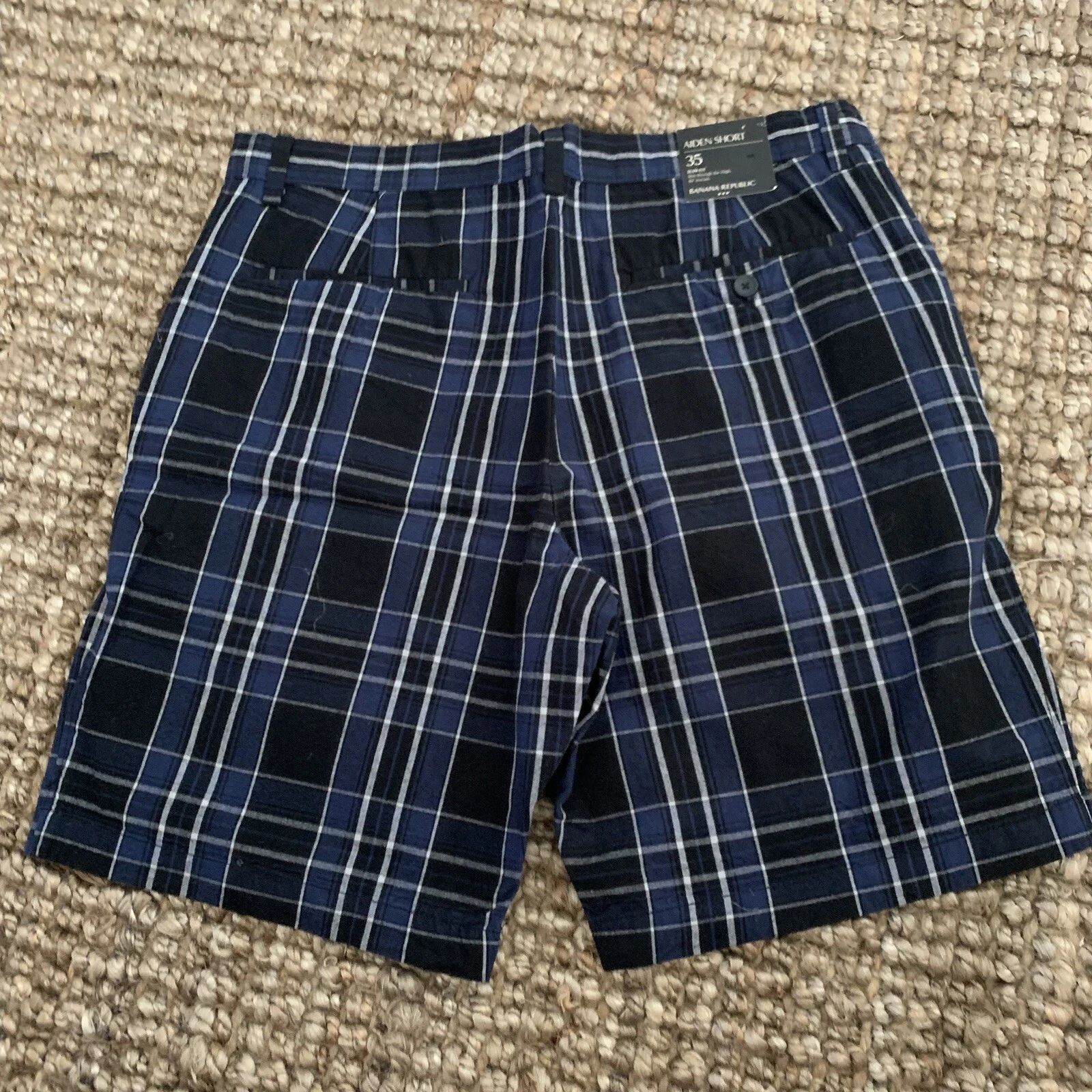 Banana Republic Aiden Short Mens 35 Slim Fit Blue Plaid Flat Front 10” Ins NEW