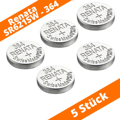 5x 364 Uhren Renata Batterie Knopfzelle SR621SW AG1 V364 SR60 Silberoxid