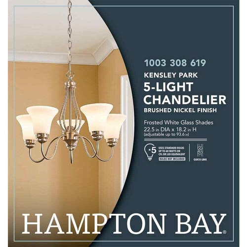 Hampton Bay 5-Light Classic Brushed Nickel Hanging Chandelier w/ Frosted Shade - Picture 2 of 6