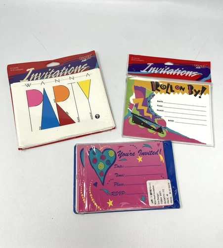 Lot 24 NOS Vintage 80s 90s Style Party Invitations Cards 3 Designs x 8 Ea Retro