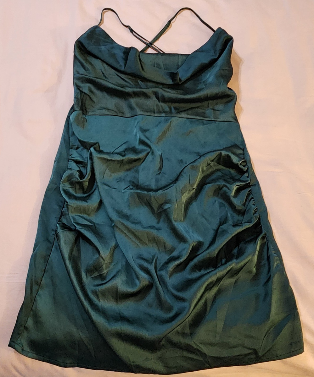 boohoo green satin dress Sage boohoo Petite Drape Back Satin Maxi Dress