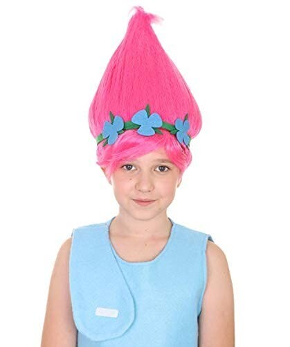 Peluca Troll Princesa Puntiaguda Colorida con Corona Flor Rosa | Talla | Gorra Sin Tapa