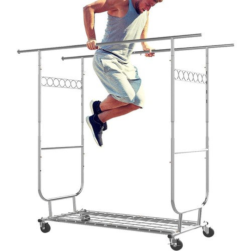 Heavy Duty Garment Rack Commercial Rolling Collapsible Clothing Shelf W/ Wheels - Picture 8 of 61