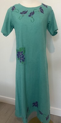 Crazy Fish 100% Cotton Turquoise Plumeria Flower Hand Painted Maxi Dress Small