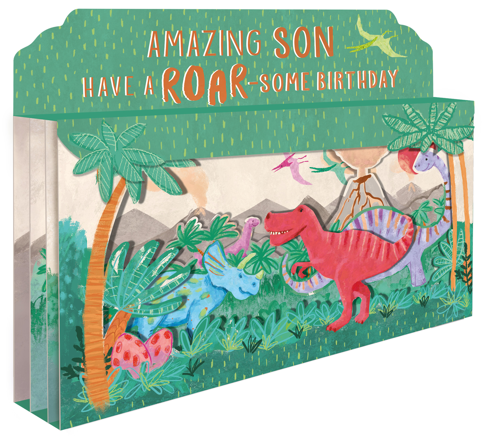 Spectacular 3D Roar-Some Dinosaur Scene Son Birthday Card Freestanding Cards