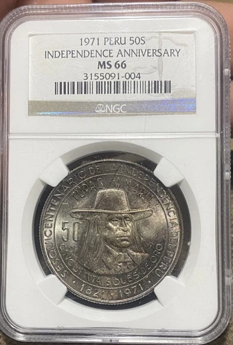 1971 PERU SILVER 50-SOLES TUPAC AMARU 150TH ANNIV.  NGC MS66