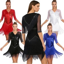 Women Dancewear Cocktail Skirt Waltz Mini Dress Prom Tiered Tassel Ballroom