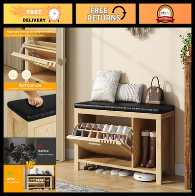 40'' Shoe Storage Bench with Padded Seat, Flip Drawers & Open Compartments, Entry