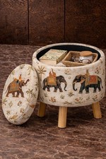 Handmade Round Ottoman Stool, Indian Elephant Toile Fabric, Hidden Storage