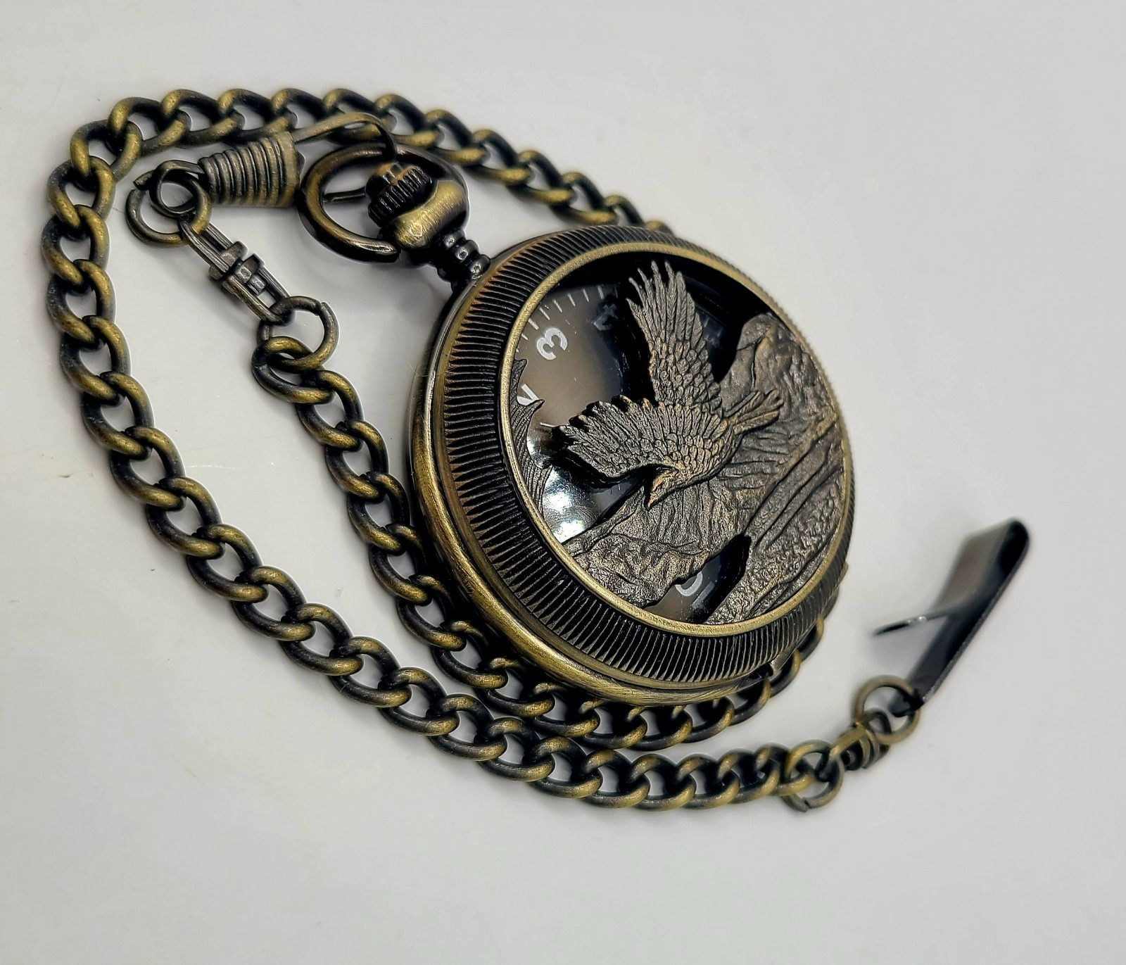 Unsigned Brass Eagle Openwork Pocket Watch & 16" … - image 8