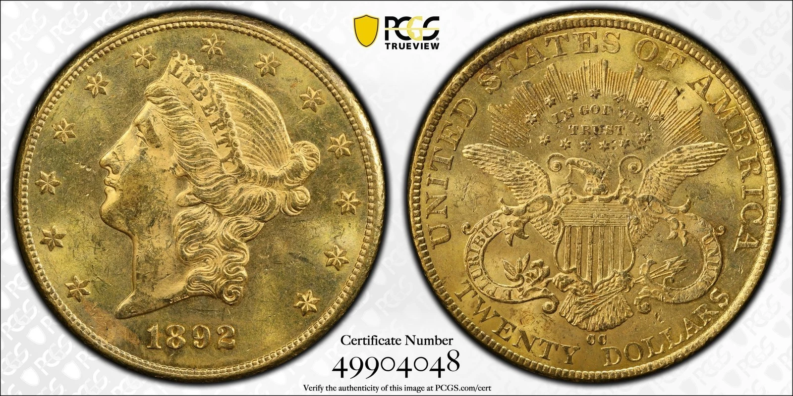1892-CC $20 LIBERTY GOLD DOUBLE EAGLE PCGS MS61