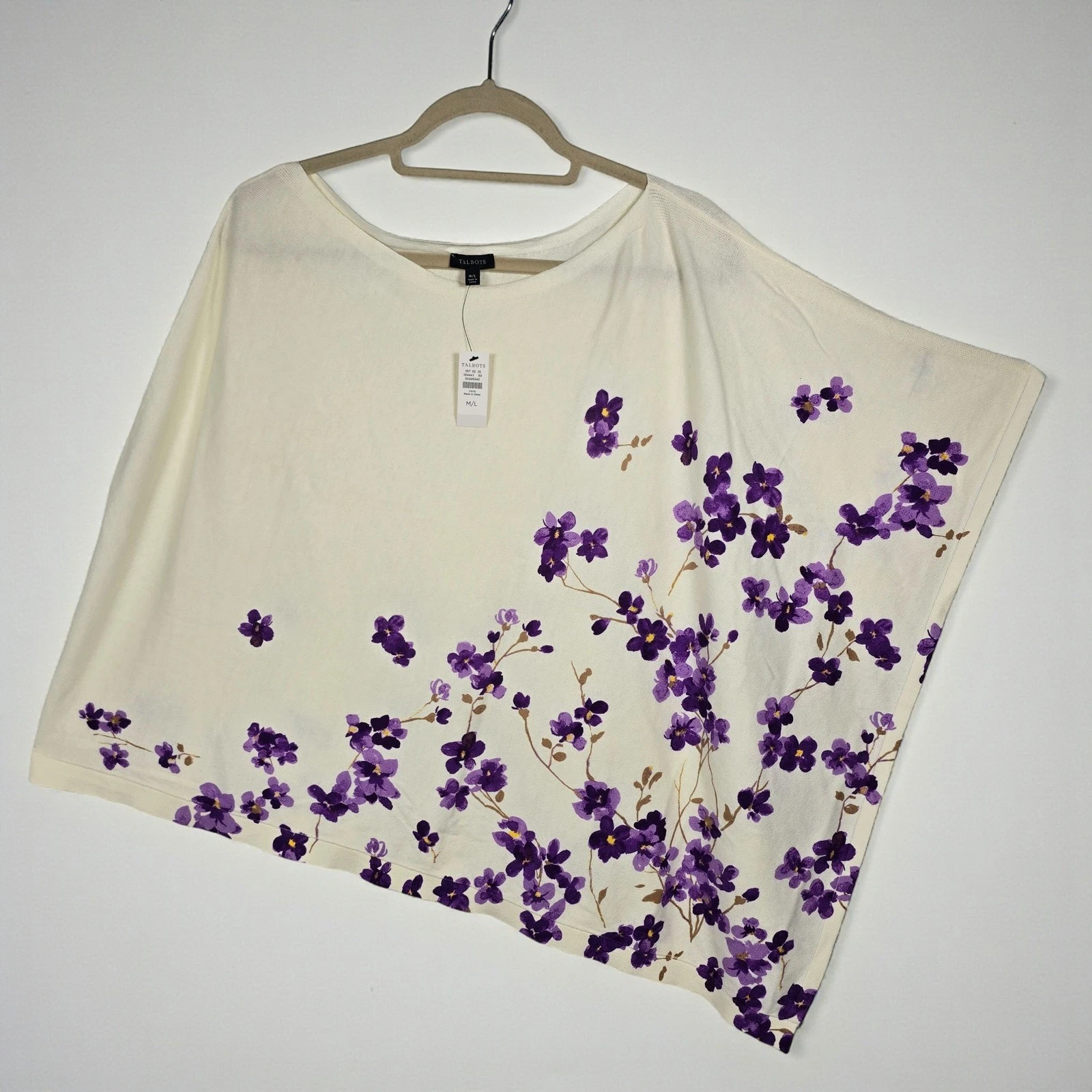 Talbots Cream Purple Floral Chintz Asymmetrical Poncho Knit Top Woman M/L NWT