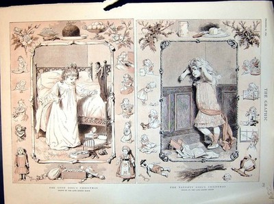 Alter Druck Good Girl's Christmas Naughty Books zerrissener Katzenschwanz gezogen 1891 19.