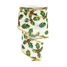 Christmas Wired Edge Ribbon 2.5 Inch x 10 Yards Watercolor Holly Berry Decor