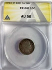 1910-D Barber Dime 10c ANACS AU50 Sharp Strike Nice Coin
