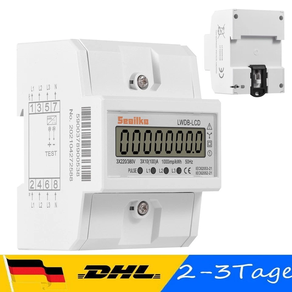 SEAILKA Drehstromzähler geeicht für DIN Hutschiene + 10(100)A 230/380V 3 Phasen 4 Draht