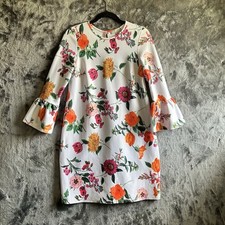 ASOS Women's Sz 2 Floral Orange Pink Shift Bell Sleeves Zip Stretch Midi Dress