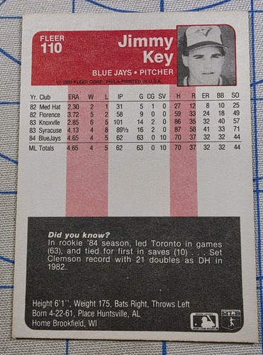 Tarjeta de Jimmy Key #110 1985 Fleer Toronto Blue Jays - Imagen 6 de 6
