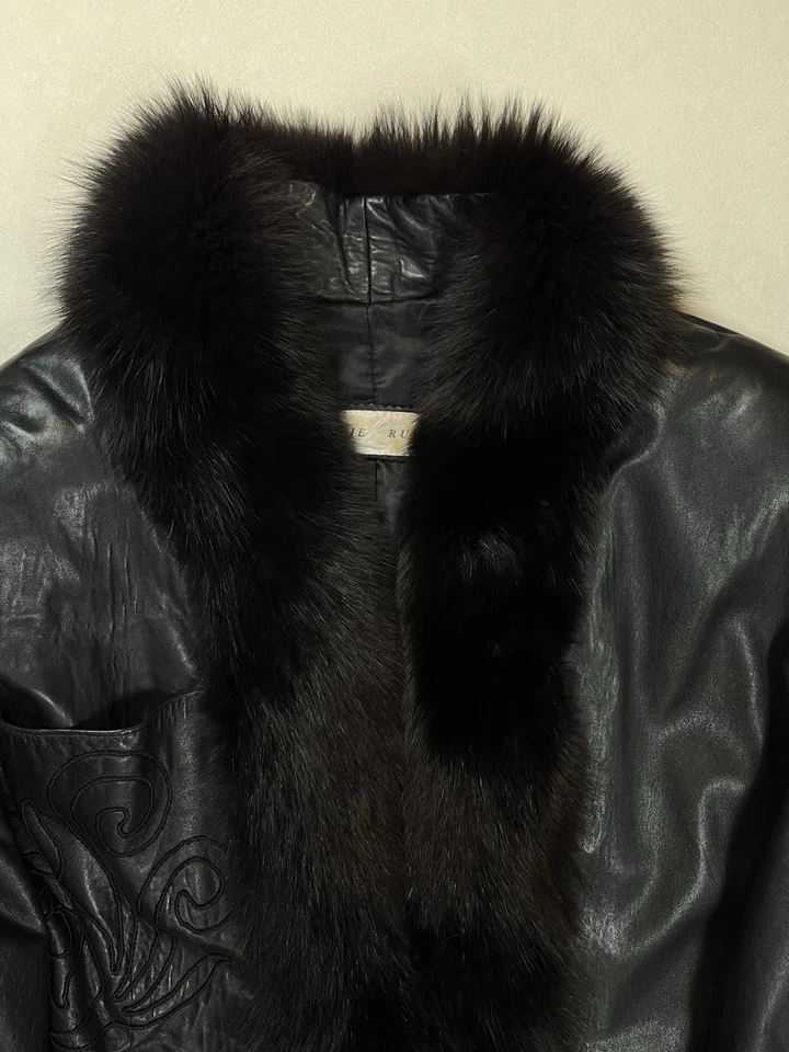 Vintage Lillie Rubin Black Leather Jacket Sz Large Fur Collar Cuffs Embroidered - Image 2 of 4