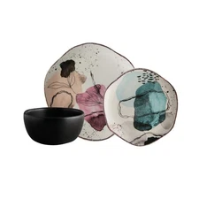 Corona 12-Piece Irregular Watercolor Ceramic Dinnerware Set Plates Bowls Serv...