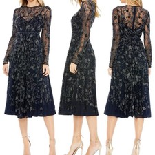 Mac Duggal 10799 Navy Beaded Illusion High Neck Long Sleeve A-Line Gown, Sz 8