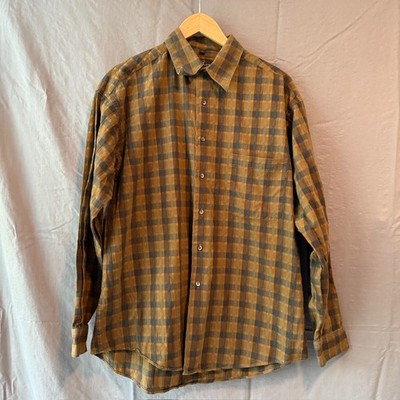 Gillio Button Down Shirt Mens L Large Earth Tone Plaid Textured Vintage Look