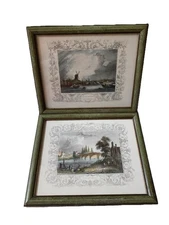 Tombleson Hand Colored Engraving Prints Framed Set 2 Bridge & Greenwich VTG