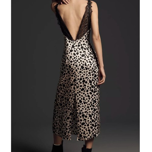 BY ANTHROPOLOGIE Neu mit Etikett V-Ausschnitt hinten offen Spitze Satin Slip Midikleid schwarz/weiße Punkte M - Bild 2 von 10