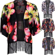 Ladies 3/4 Sleeve Open Front Floral Print Chiffon Translucent Women's Kimono