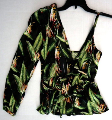 BCBGMAXAZRIA Women's Sz S Black Bird of Paradise One Sleeve Printed Top $178